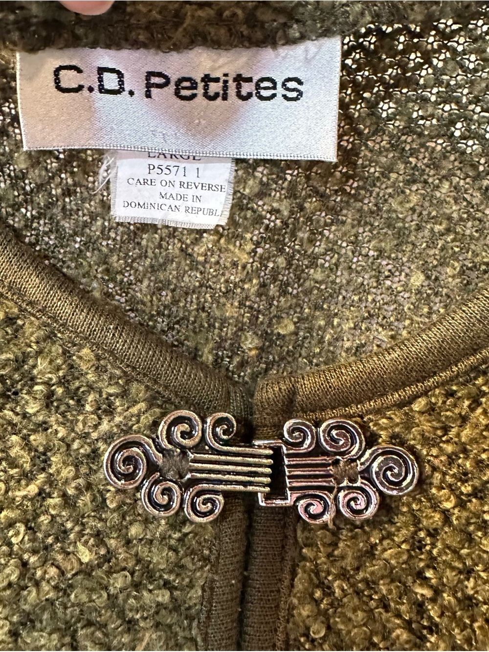 C.D. Petites Olive Bouclé Cardigan with Decorative Hook Closures - Picture 7 of 9
